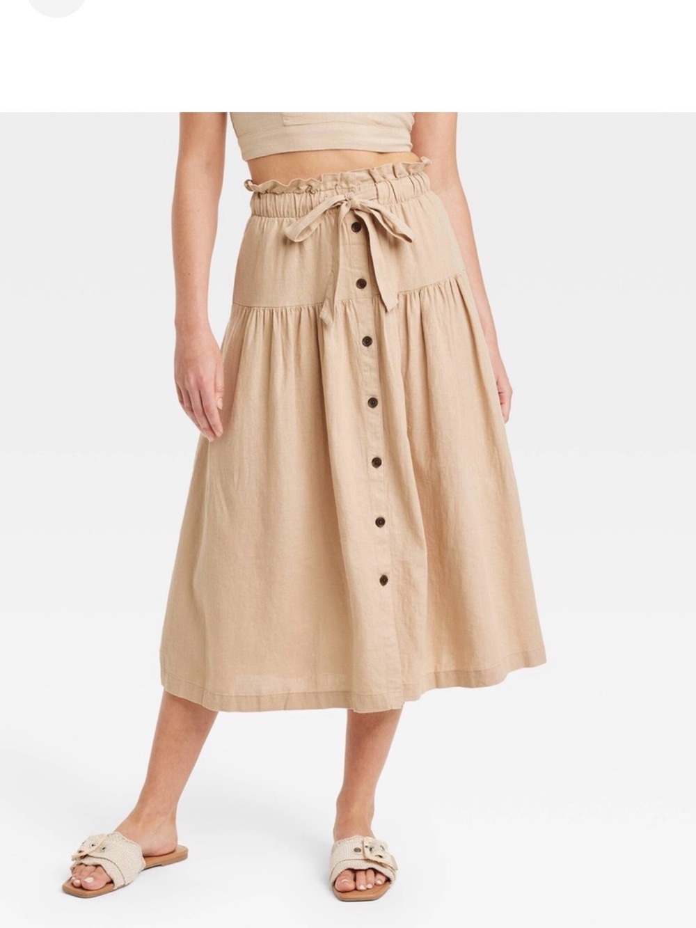 Universal Thread Neutral Beige Button-Front Midi Skirt with Tie Waist
